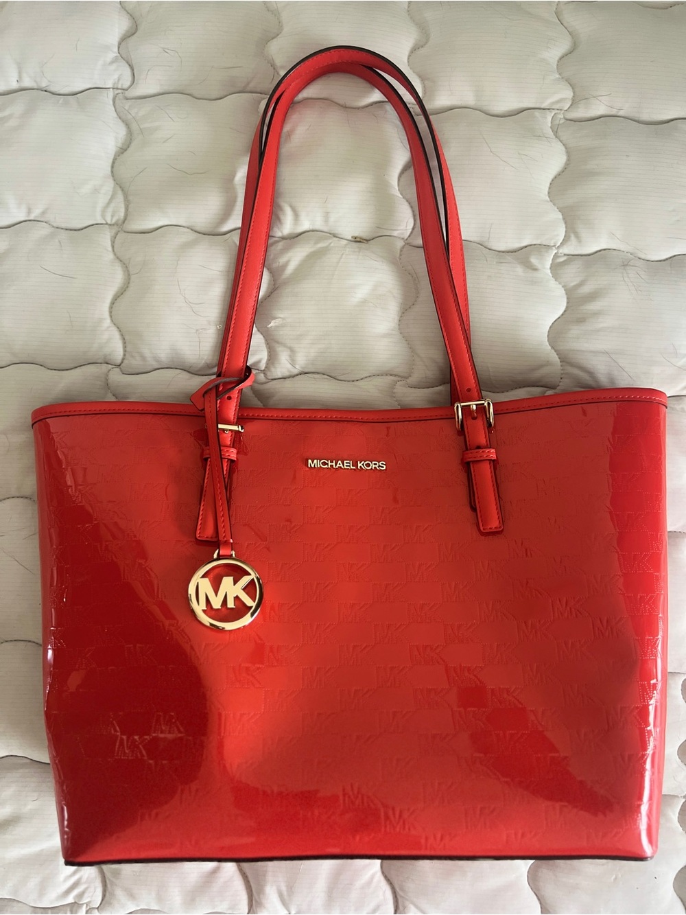 Michael Kors Orange Patent Leather Tote with Gold MK Charm